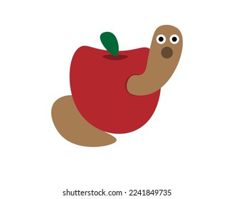 Worm impressed coming out of the red apple. Vector with brown worm on fruit