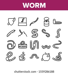 Worm Insect Animal Collection Icons Set Vector Thin Line. Worm In Apple And Bait On Fishing Hook, On Shield And In Container Concept Linear Pictograms. Monochrome Contour Illustrations