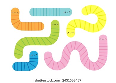 Worm insect icon set. Colorful earthworm. Cartoon funny kawaii baby animal character. Cute crawling bug collection. Smiling face. Geometric line shape. Flat design. White background. Isolated Vector