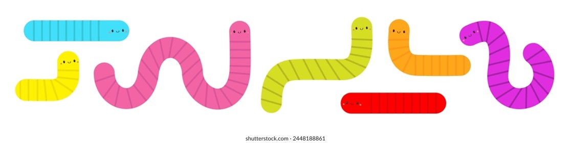 Worm insect icon set. Colorful bright earthworm. Cartoon funny kawaii baby animal character. Smiling face. Cute crawling bug collection. Geometric line shape. Flat design. White background. Vector