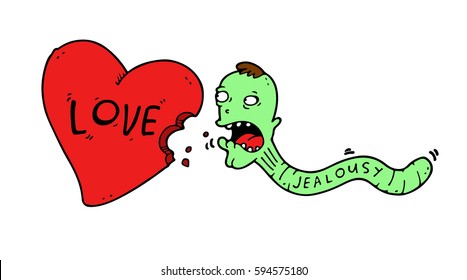 The worm of jealousy bites a cartoon heart, thereby destroying the sincere feelings and love