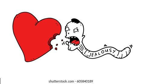 The Worm Of Jealousy Bites A Cartoon Heart, Thereby Destroying The Sincere Feelings And Love