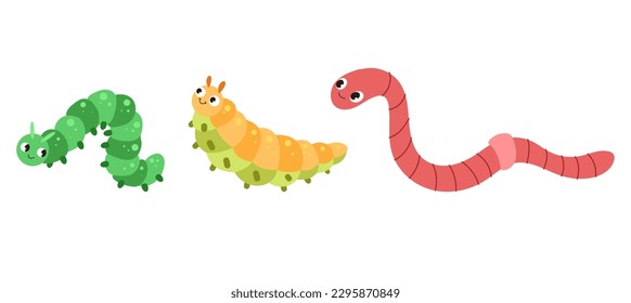 Worm larva insects butterfly cute caterpillar isolated set. Vector graphic design element illustration