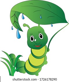Worm with leaf in rain a design suitable for fabric print or other use. Colour can be edit with editable files. vector illustration design, for children, mascot cartoon image.