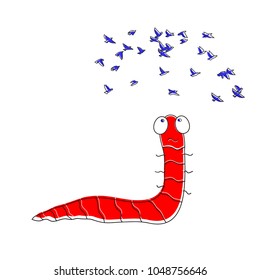 Worm looks flying birds. Cartoon worm vector illustration