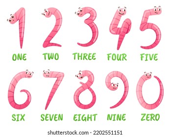 Worm number. Cartoon earthworms count and numbers learning for kids. Funny insects vector Illustration set of earthworm counting education