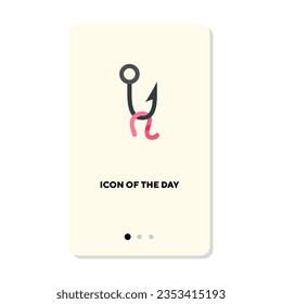 Worm on fisherman hook flat vector icon. Cartoon drawing of angling equipment for fishing isolated vector illustration. Leisure, hobby, recreation concept for web design and apps