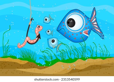 Worm on hook and fish under water.Astonished fish look to earthworm on fishhook in underwater.Bait lure fishes in river, lake or sea during fishing.Fishery concept in cartoon style.Vector illustration