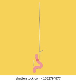 Worm on a hook, fishing bait. Vector illustration on color background.