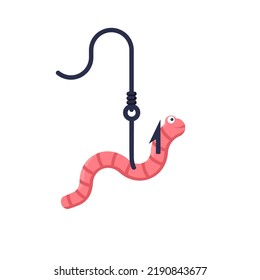 Worm on the hook. Fishing rod with a worm on the hook. Vector illustration flat design style. Fishing icon. Smiling cartoon earthworm. Isolated on white background.