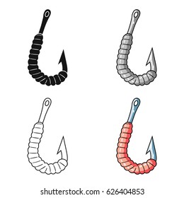 Worm on a hook icon in cartoon style isolated on white background. Fishing symbol stock vector illustration.