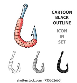 Worm on a hook icon in cartoon style isolated on white background. Fishing symbol stock vector illustration.