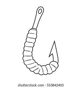 Worm on a hook icon in outline style isolated on white background. Fishing symbol stock vector illustration.