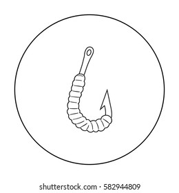Worm on a hook icon in outline style isolated on white background. Fishing symbol stock vector illustration.