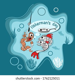 Gusano en el anzuelo. Ilustración vectorial. Tarjeta del día de los pescadores.