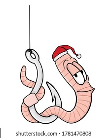 
gusano en un gancho con un sombrero de navidad aislado en un fondo blanco. ilustración de stock