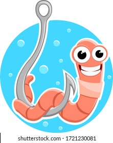 Worm on a metal hook smiles. Character. Fishing