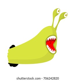 Worm parasite with teeth isolated. Caterpillar crawls out of hole. Slug template