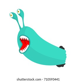 Worm parasite with teeth isolated. Caterpillar crawls out of hole. Slug template. Vector illustration