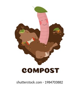 worm with pink cheeks in the ground in the form of a heart. Composting organic matter concept. organic farming. disposal of organic waste with the help of worms