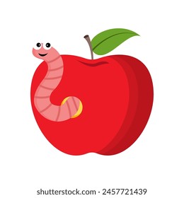 Worm with red apple flat vector design on white background