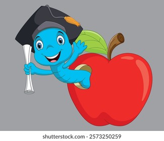 A worm in the red apple was glad to have a college degree vector illustration