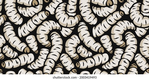 Worm seamless pattern wallpaper with illustrations of maggots worms for halloween design. Scary insect larvae. October party banner, poster or postcard