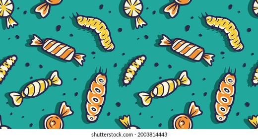 Worm seamless pattern wallpaper with illustrations of maggots worms for halloween design. Scary insect larvae. October party banner, poster or postcard