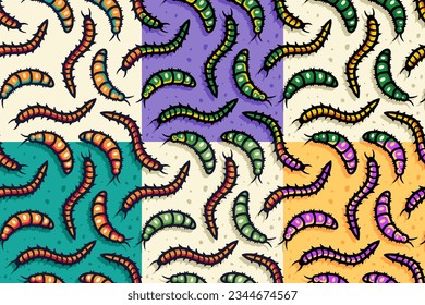 Worm set of seamless patterns for halloween design background. Wallpapers with caterpillars or scary insect larvae for october party banner, poster or postcard