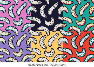 Worm set of seamless patterns for halloween design background. Wallpapers with maggots or scary insect larvae for october party banner, poster or postcard