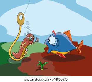 Worm sits on a hook and lures a fish, vector illustration