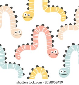 Worm snake seamless pattern. Monster in striped. Cute cartoon character in simple hand-drawn Scandinavian style. Vector childish doodle illustration. Baby textiles, fabric, digital paper