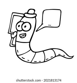  
The worm is talking on a cell phone. Hand drawn vector illustration