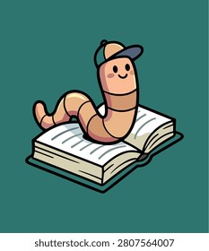 Worm Wearing Baseball Cap Reading Book Illustration
