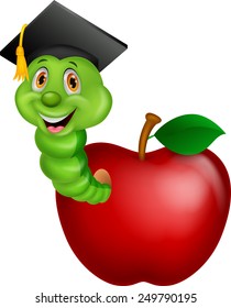 Worm wearing a graduation cap crawling out of an apple