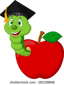 Worm wearing a raduation cap crawling out of an apple