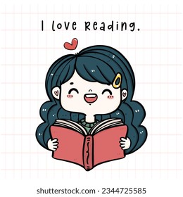 A wormbook girl reading book with happy smile young girl with dark long hair, enjoys her hobby of reading. This is a cartoon hand drawing doodle with a simple and bright style.