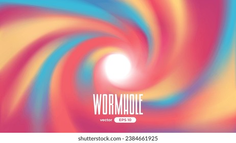 Wormhole background. Vector illustration eps10. Spiral hyperspace tunnel. Space portal for time traveling. Speed effect. Sky with clouds. Black hole vortex. Bright colors. red and yellow. Warp jump.