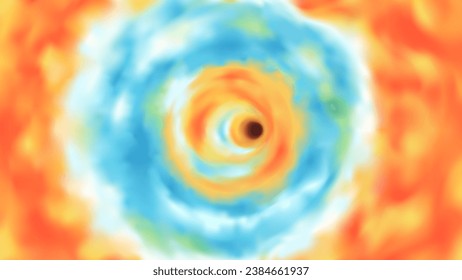 Wormhole background. Vector illustration eps10. Spiral hyperspace tunnel. Space portal for time traveling. Speed effect. Sky with clouds. Black hole vortex. Bright colors. Blue and yellow. Warp jump.