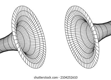 Wormhole geometric grid wireframe tunnel flat style design vector illustration. Abstract futuristic time travel wormhole tunnel science 3d surface concept grid.