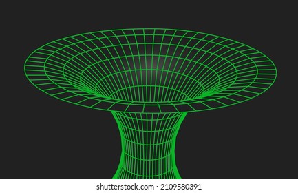 Wormhole geometric grid wireframe tunnel flat style design vector illustration. Abstract futuristic time travel wormhole tunnel science 3d surface concept grid.