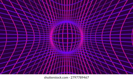 Wormhole grid tunnel dark purple pink neon abstract background 3d space distortion