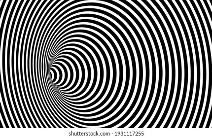Wormhole Optical Illusion, Geometric Black and White Abstract Hypnotic Worm Hole Tunnel, Abstract Twisted Vector Illusion 3D Optical Art background 