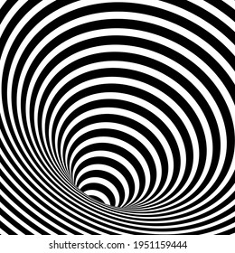 Wormhole Optical Illusion, Geometric Black and White Abstract Hypnotic Worm Hole Tunnel, Abstract Twisted Vector Illusion 3D Optical Art square background 