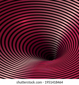 Wormhole Optical Illusion, Geometric Black and glossy cherry red color backdrop. Abstract Hypnotic Worm Hole Tunnel, Abstract Twisted Vector Illusion 3D Optical Art square background 