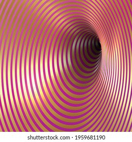 Wormhole Optical Illusion, Geometric Fashion Pink Purple And Golden Luxury Abstract Hypnotic Worm Hole Tunnel, Abstract Twisted Vector Illusion 3D Shiny Gold Optical Art Square Background 