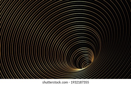 Wormhole Optical Illusion, Geometric luxury gold and black Abstract Hypnotic Worm Hole Tunnel, Abstract Twisted Vector Illusion 3D golden Optical Art isolated on black background 