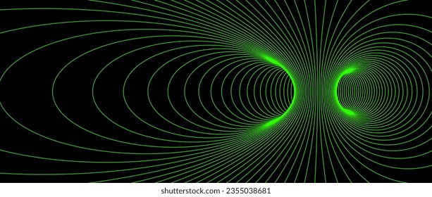 Wormhole wireframe structure. Neon geometric outline grid tunnel backdrop. 3D funnel or vortex texture. Green abstract energy lines on dark background. Vector illustration wallpaper. 