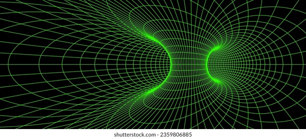 Wormhole-Wireframe-Struktur. Neon geometrische Rahmengittertunnel Hintergrund. 3D-Trichter oder Wirbelstruktur. Grüne abstrakte Energielinien auf dunklem Hintergrund. Vektorgrafik-Bildschirmhintergrund. 