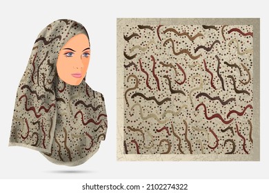 Worms abstract pattern hijab design with illustration model, Scarf fabric texture